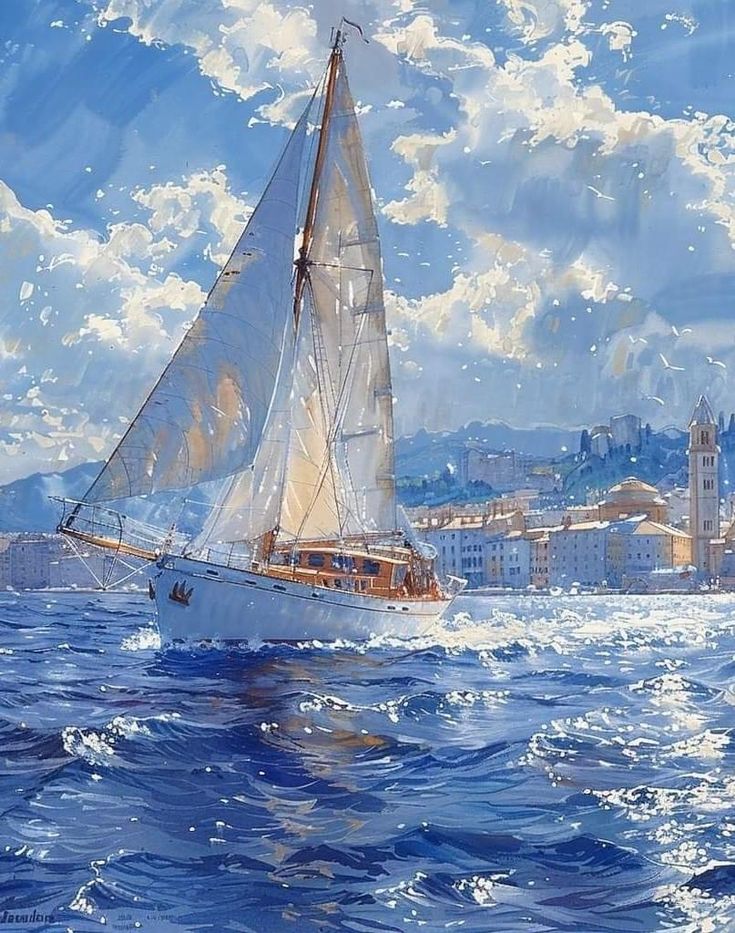 a painting of a sailboat in the ocean with buildings in the background and blue sky