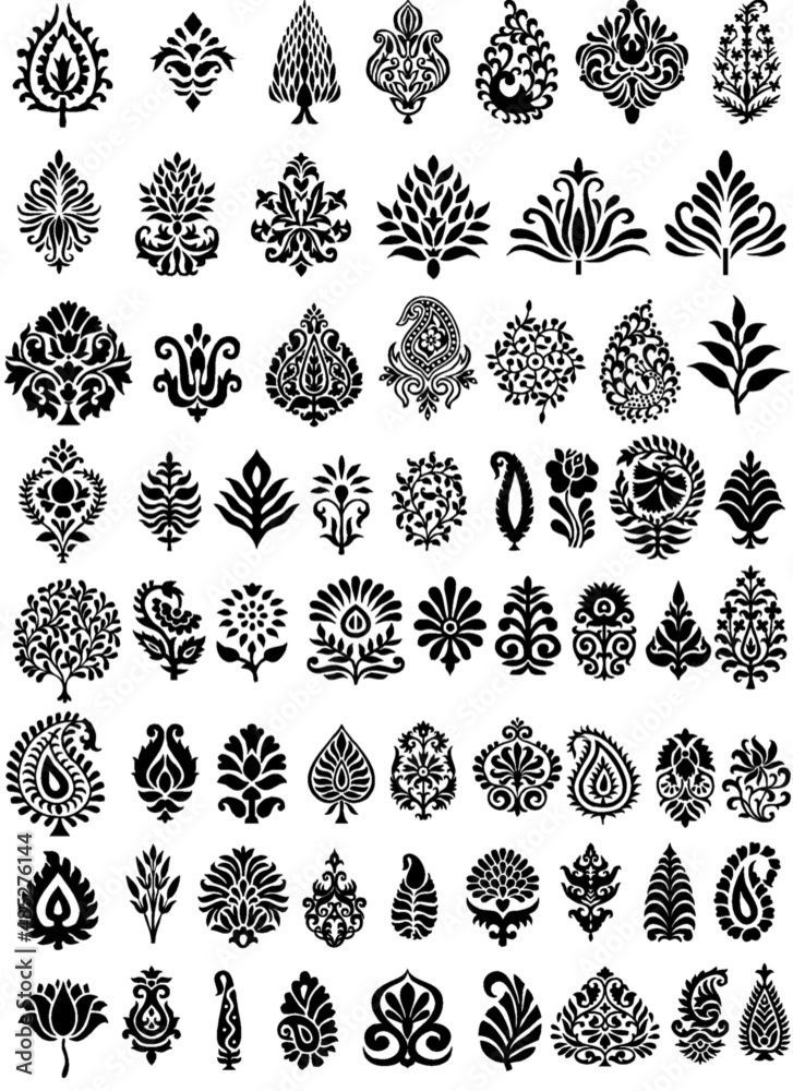 an assortment of black and white designs on a white background, each with different shapes