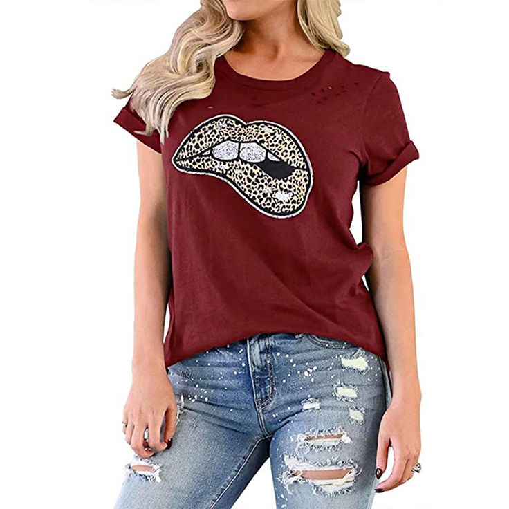 Wine Red Lip Print Distressed Holes Tees Red Short Sleeve T-shirt For Fall, Casual Burgundy Short Sleeve T-shirt, Red Distressed Crew Neck T-shirt, Short Sleeve Burgundy Tops For Summer, Burgundy Short Sleeve Tops For Summer, Casual Red T-shirt For Fall, Casual Burgundy Cotton T-shirt, Trendy Burgundy Cotton Tops, Burgundy Casual Short Sleeve Top