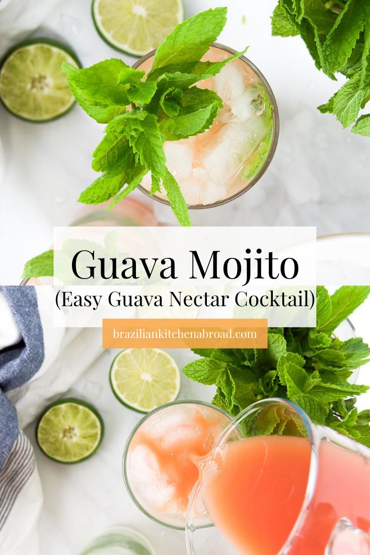 guava mojito garnished with limes and mint on a white table