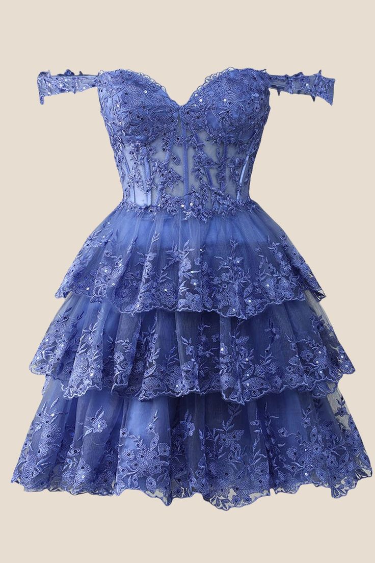 Periwinkle Appliques Tiered Ruffle Homecoming Dress Short Princess Dress, Ruffles Skirt, Tiered Ruffle Skirt, Corset Bodice, Short Homecoming Dress, Short Bridesmaid Dresses, Tea Length Dresses, Hoco Dresses, Long Bridesmaid Dresses