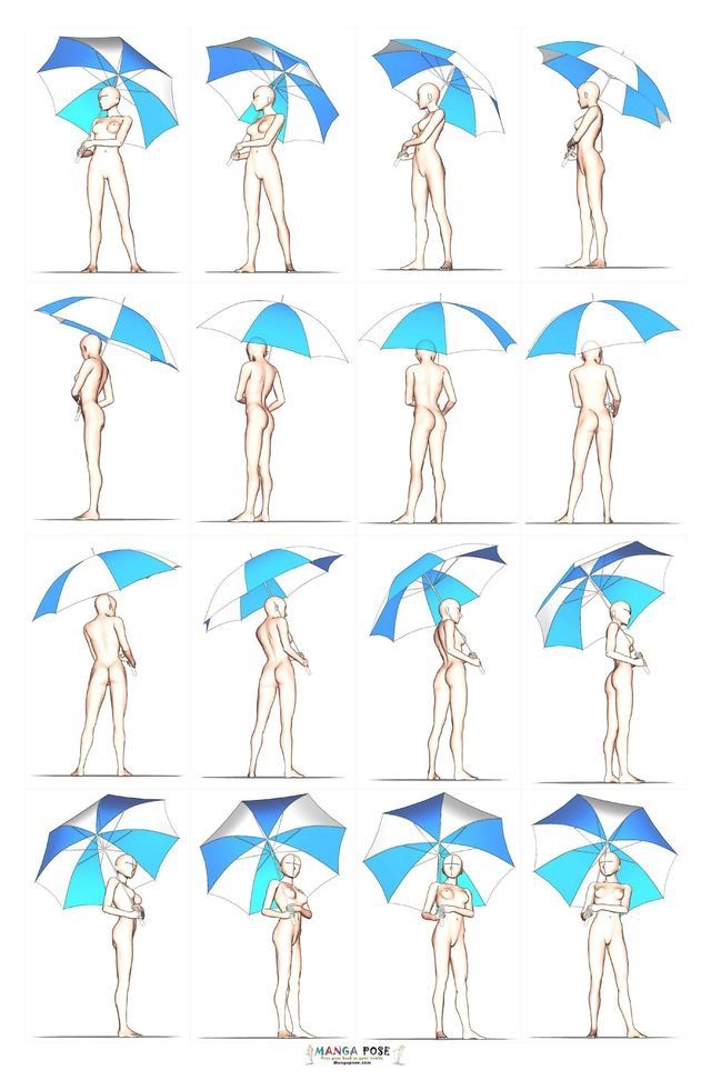 a woman with an umbrella poses for the camera in various positions to take her own picture