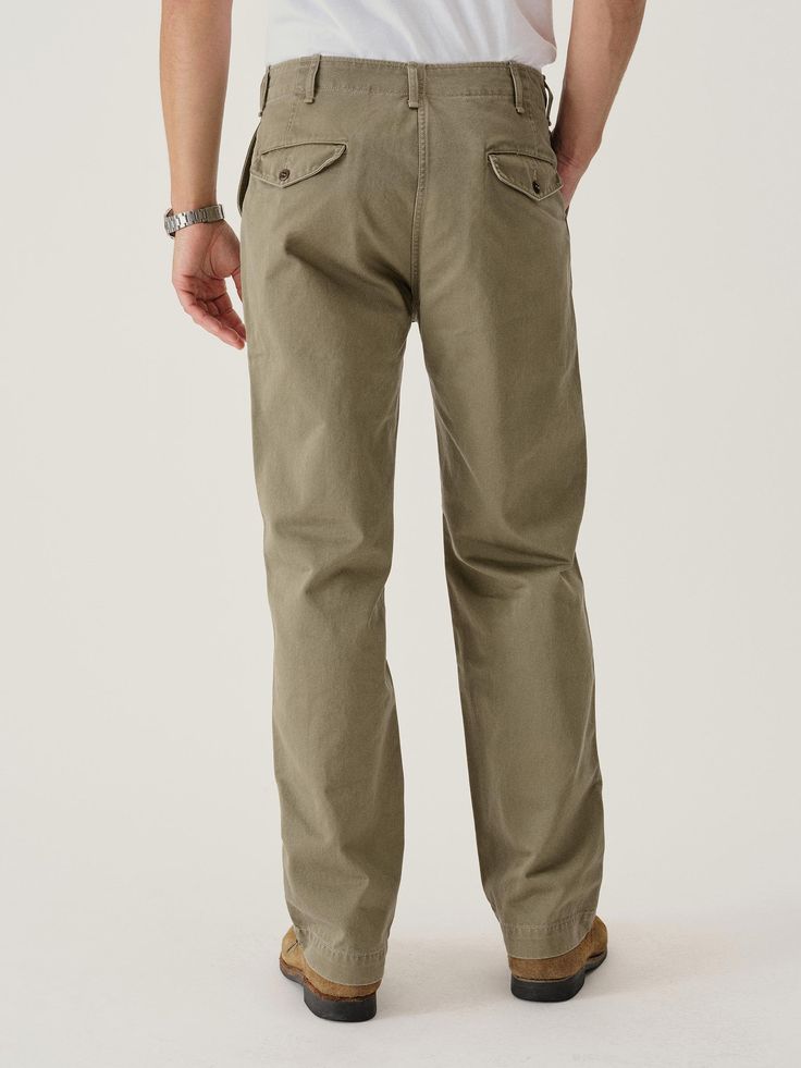 The classic officer's pant recreated in a vintage-inspired fit and feel. Button fly. | Buck Mason Men's Paperback Twill Full Saddle Chino in Fatigue Green, Size 36 Classic Straight Leg Cargo Pants With Patch Pockets, Classic Cargo Pants With Patch Pockets And Tapered Leg, Classic Chino Cotton Twill Cargo Pants With Welt Pockets, Classic Chino Cotton Twill Cargo Pants With Pockets, Classic Cargo Pants With Welt Pockets, Classic Chino Cotton Twill Straight Cargo Pants, Classic Tapered Leg Bottoms With Flap Pockets, Classic Straight Chino Cotton Twill Cargo Pants, Classic Straight Leg Work Pants With Cargo Pockets