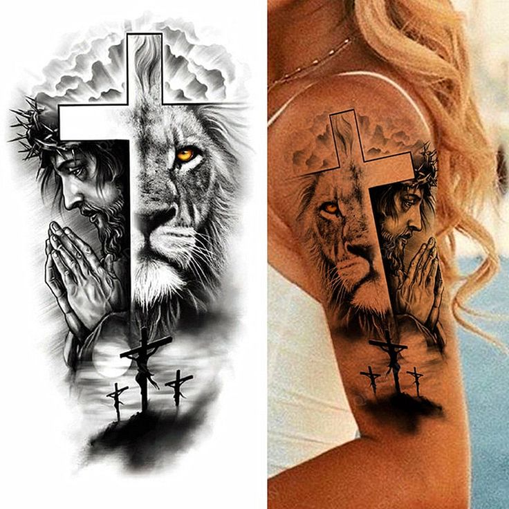 two different tattoos on the same woman's arm and chest, one with a lion