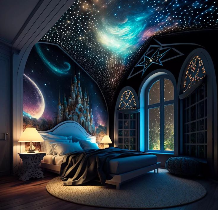 a bedroom with a large bed and stars painted on the ceiling, along with an arched window