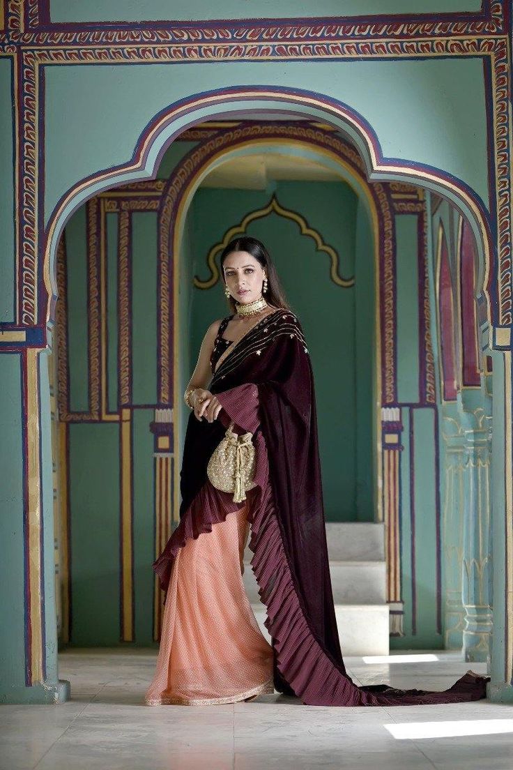 Ruby Wine Velvet and Tulle half and half Saree - Trendroots Half And Half Saree, Velvet Saree, Indian Designer Sarees, Velvet Blouse, Ethnic Looks, Half And Half, Velvet Blouses, Mirror Work, Party Wear Sarees