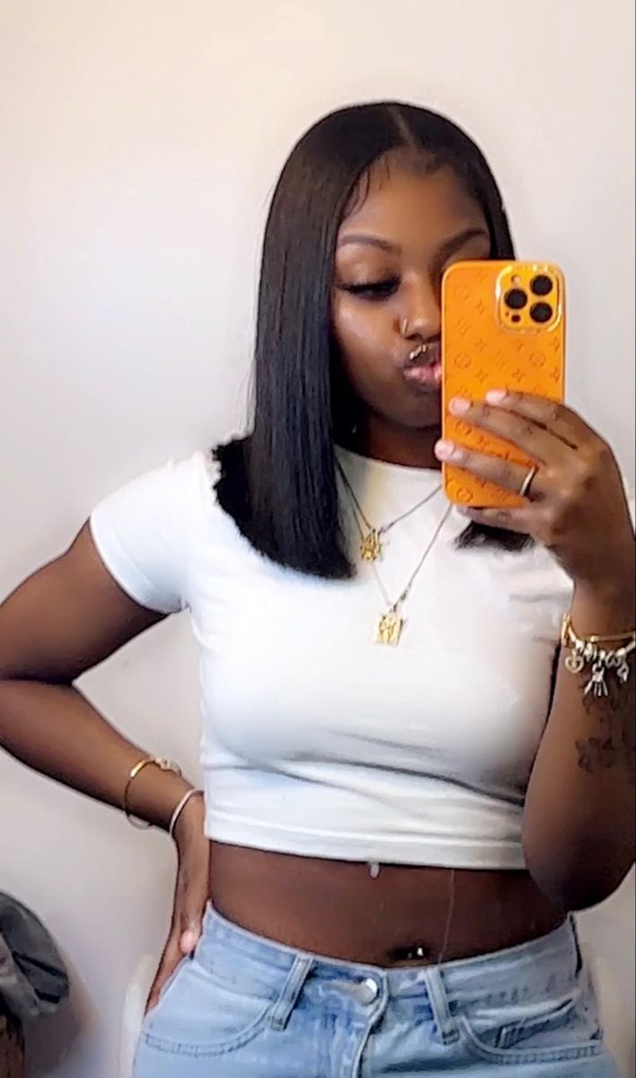 Longer Bob Black Women, Shoulder Bob Hairstyles For Black Women, Medium Length Straight Natural Hair Black Women, Black Silk Press Hairstyle, Black Women Sew In Bob, Cute Bob Sew In Black Women, Middle Part Bob Leave Out, Bob Length Chart, Silk Press Leave Out