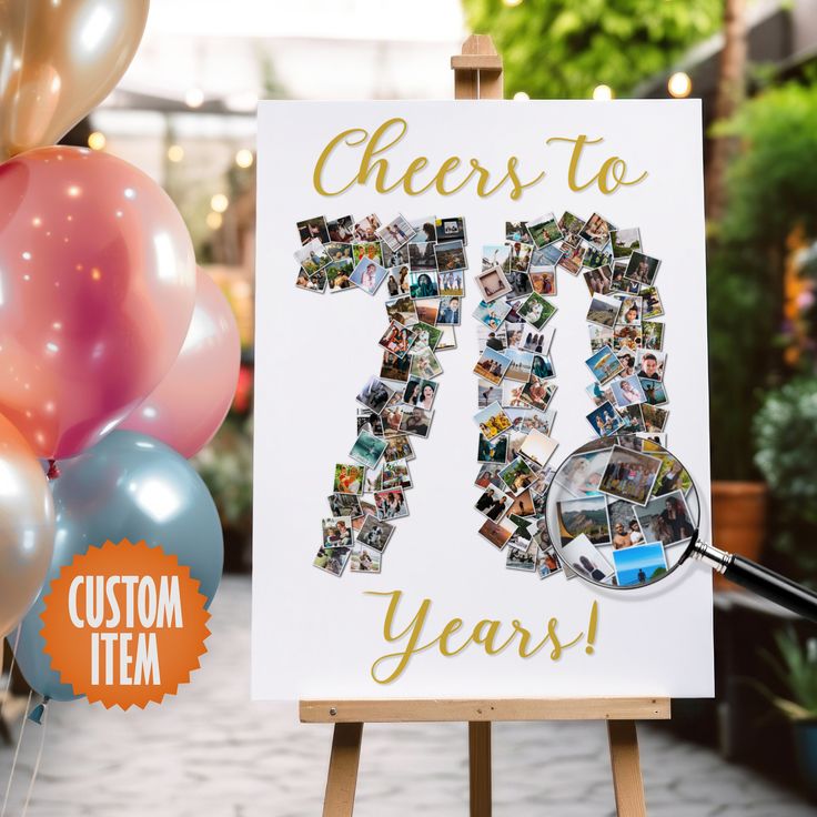 a sign that says cheers to fifteen years with balloons in the background and a photo collage on it