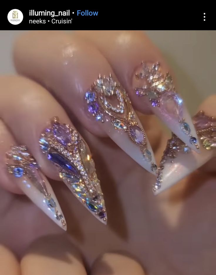 shimmer white jeweled White Jeweled Nails, Purple Nail Art, Fantasy Nails, Nail Jewels, Diy Acrylic Nails, Gel Nails Diy, Claw Nails, Mermaid Nails, Nails Design With Rhinestones