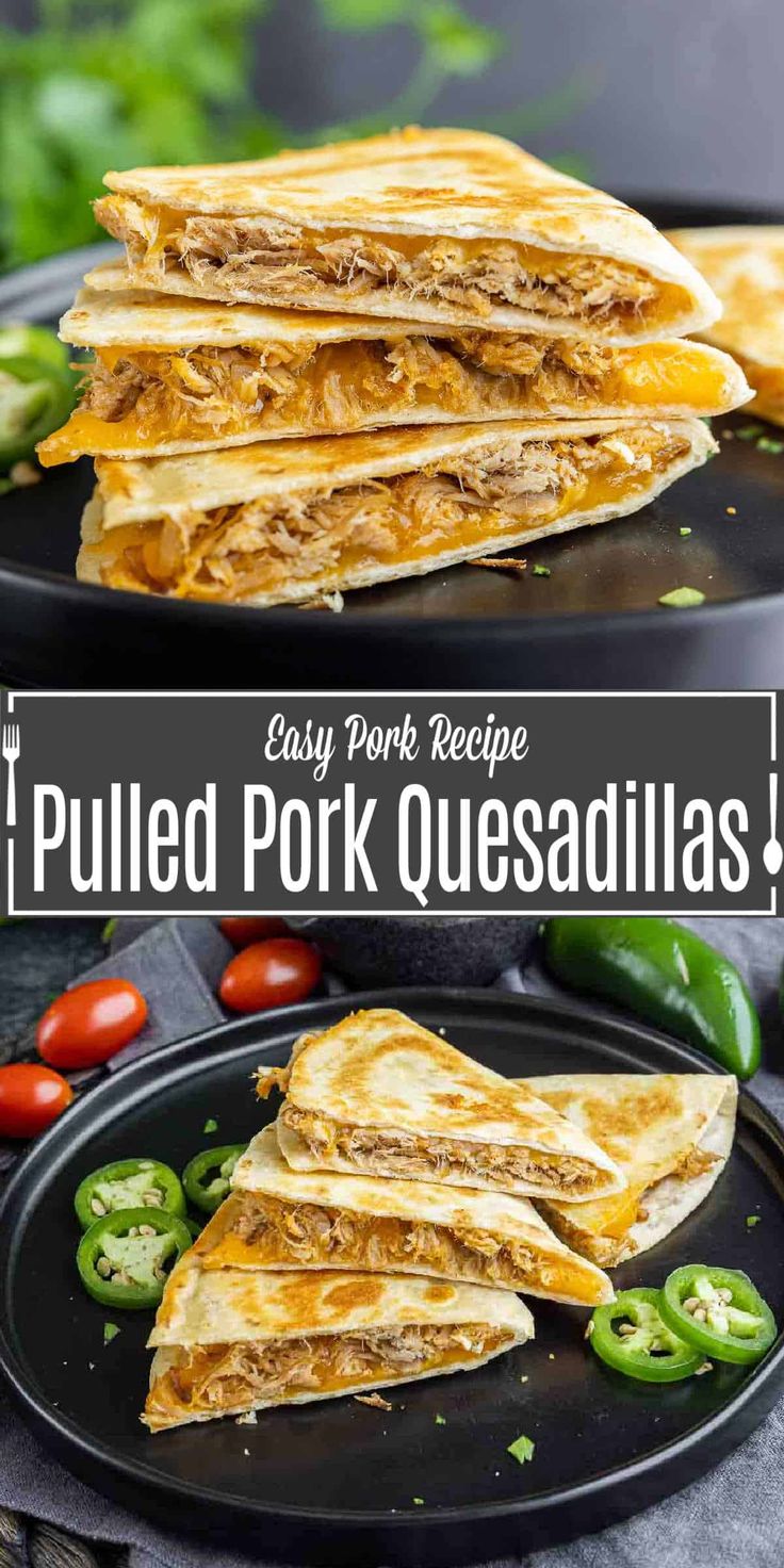 pulled pork quesadillas on a black plate