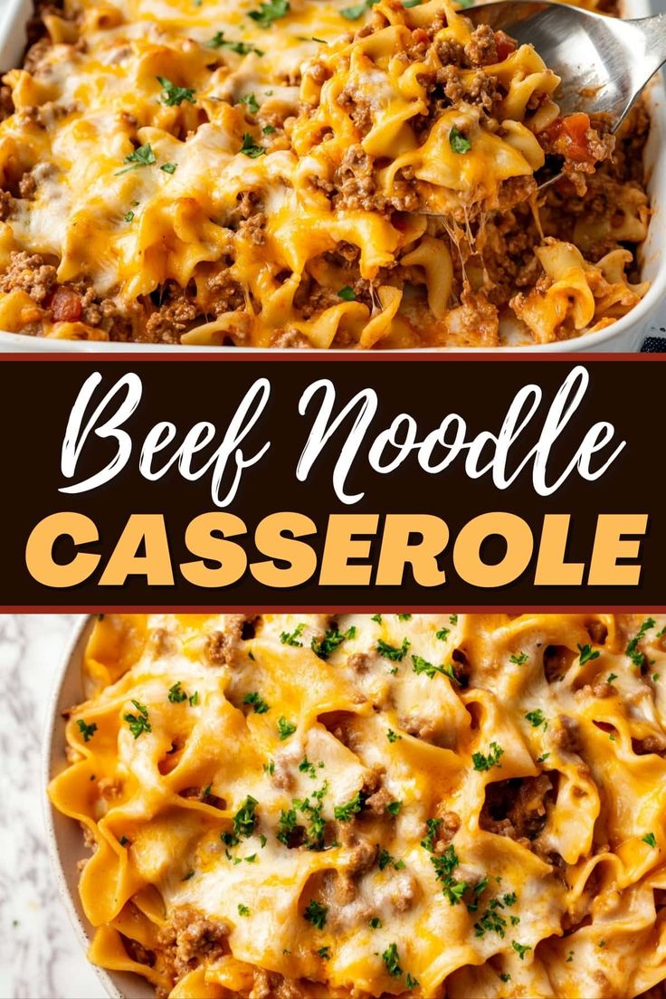 beef noodle casserole in a white dish