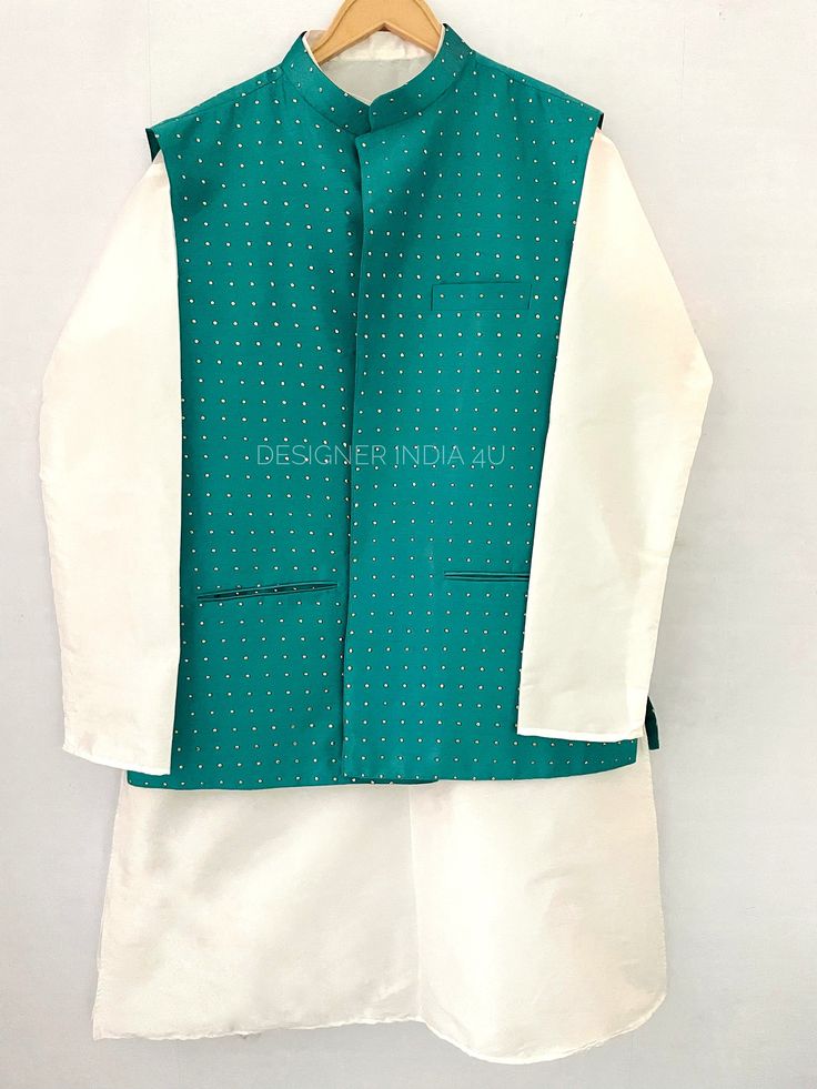 White Silk Kurta Pajama Set with Teal Colour Custom Stitched Nehru Jacket For Men Fabric: Jacket Made using Silk fabric with Mukesh Work, Kurta Paja Made using Solid White Silk Size: It's made to measure. We will get your measurements details post your order. We will send you a form to fill out details for your size. Handling Time: Please let me know the delivery date and I will make sure you get it before that. Mukesh Work, Nehru Jacket For Men, Party Wear For Women, Coat Set, Girls Party Wear, Lehenga Suit, Party Wear Lehenga Choli, Sleeveless Coat, Waist Coat