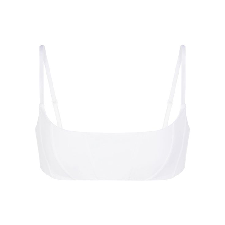 SIGNATURE SWIM CORSET BIKINI TOP | SNOW Chic Crop Top With Adjustable Straps And Underwire, Summer Nylon Bra, White Bandeau Bra With Adjustable Straps, Triangle Crop Top With Adjustable Straps For Swimming, Summer Sports Bra With Removable Pads And Wide Straps, Underwire Crop Top With Adjustable Straps, Beach Crop Top With Adjustable Tank Straps, Chic Bandeau Swimwear With Straps, White Sports Bra With Removable Pads