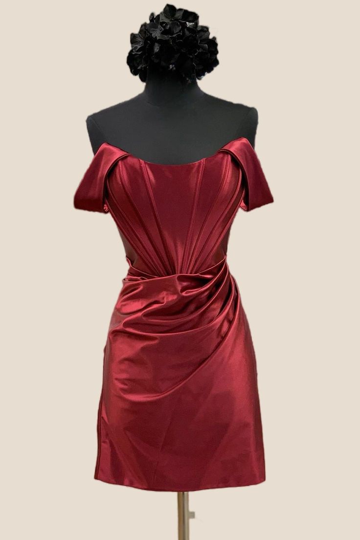 Burgundy Tight Homecoming Dress 2024 Elegant Off-shoulder Fitted Satin Dress, Fitted Evening Dress With Ruched Bodice For Cocktail, Fitted Off-shoulder Corset Dress With Ruched Bodice, Formal Off-shoulder Fitted Corset Dress, Off-shoulder Fitted Corset Dress For Formal Events, Fitted Off-shoulder Corset Dress For Formal Events, Fitted Off-shoulder Corset Dress For Formal Occasions, Fitted Off-shoulder Mini Dress With Back Zipper, Fitted Satin Finish Dress For Gala