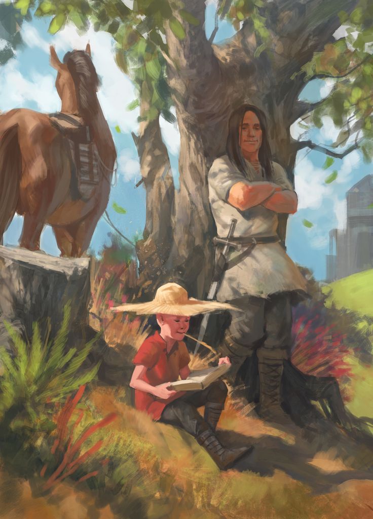 a painting of two people sitting in front of trees and a horse on the other side