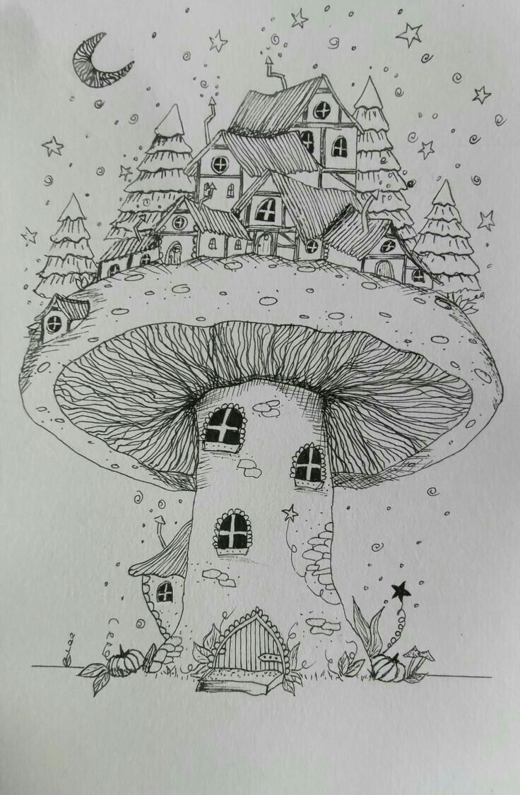 a drawing of a mushroom house