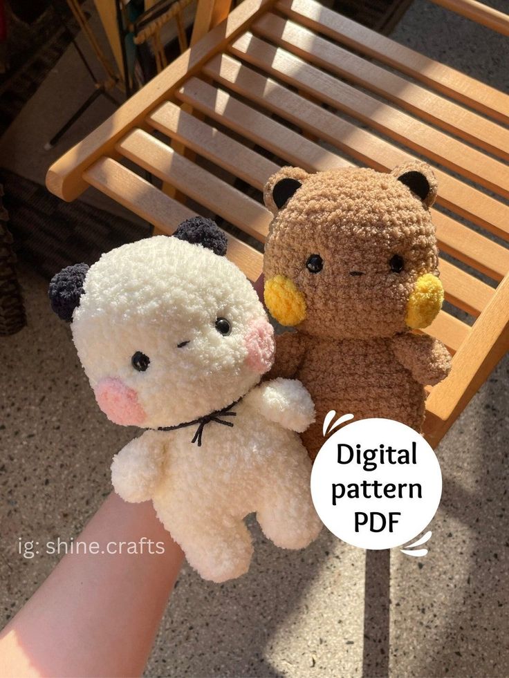 two small stuffed animals sitting next to each other on a wooden bench with the text digital pattern pdf