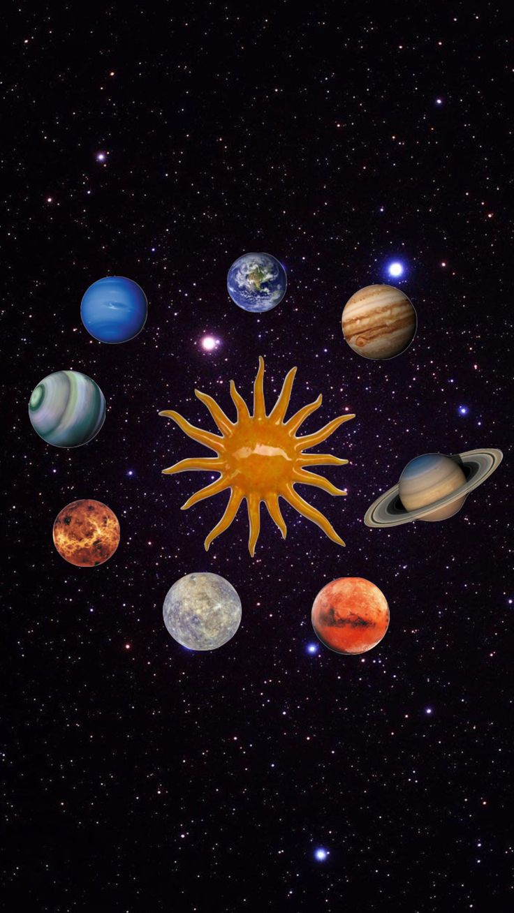 the solar system with eight planets and their sun in the middle, surrounded by stars