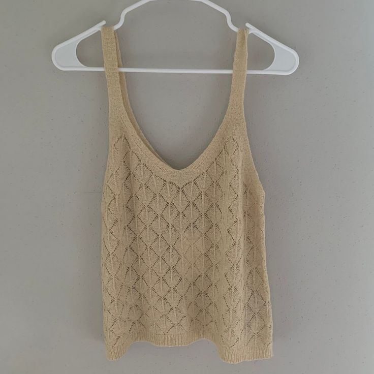 Knitted Crocheted Tank Top Scoop Neck Soft And Silky Like Butter Shell Design - Neutral, Beige, Tan, Sand, Cream, Light Brown Top; Super Soft, Silky, Stretchy, Cozy, Warm, Light Weight; Classy Camisole For Skirts, Shorts, And Jeans; French Girl Fashion Look Beige Pointelle Knit Tops For The Beach, Cream Open Knit Top, Chic Beige Knit Crochet Top, Beige V-neck Pointelle Knit Top, Chic Beige Knitted Crochet Top, Beige Crochet Top With Textured Knit For Spring, Spring Beige Crochet Top With Textured Knit, Beige Pointelle Knit Beach Top, Beige Pointelle Knit Top For Beach