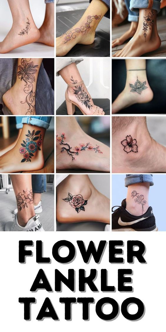 many different tattoos are shown on the legs and feet, all with flowers in them