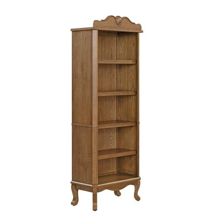 a tall wooden bookcase sitting on top of a white floor