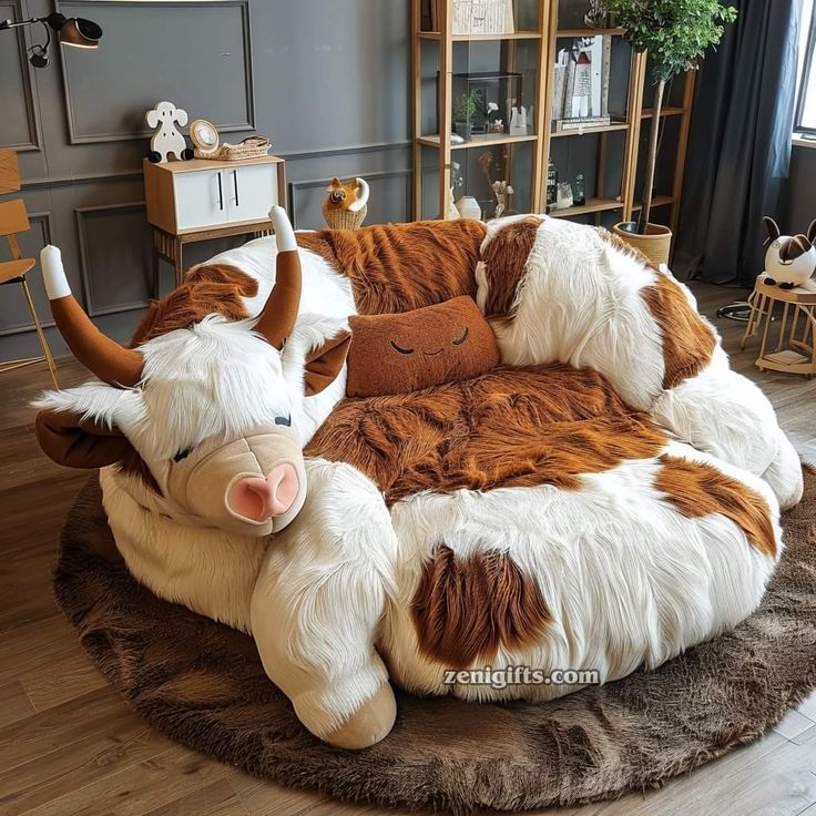 a large stuffed cow laying on top of a round chair in a room with wooden floors