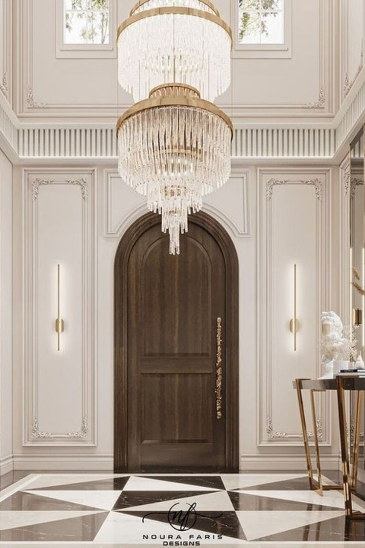 Entryway with a big chandelier Luxxu Modern Design Living, Elegant Entryway, Double Door Design, Hallway Design, Chandelier Decor, Entry Way Design, Luxury Chandelier, Entrance Design, Expensive Houses