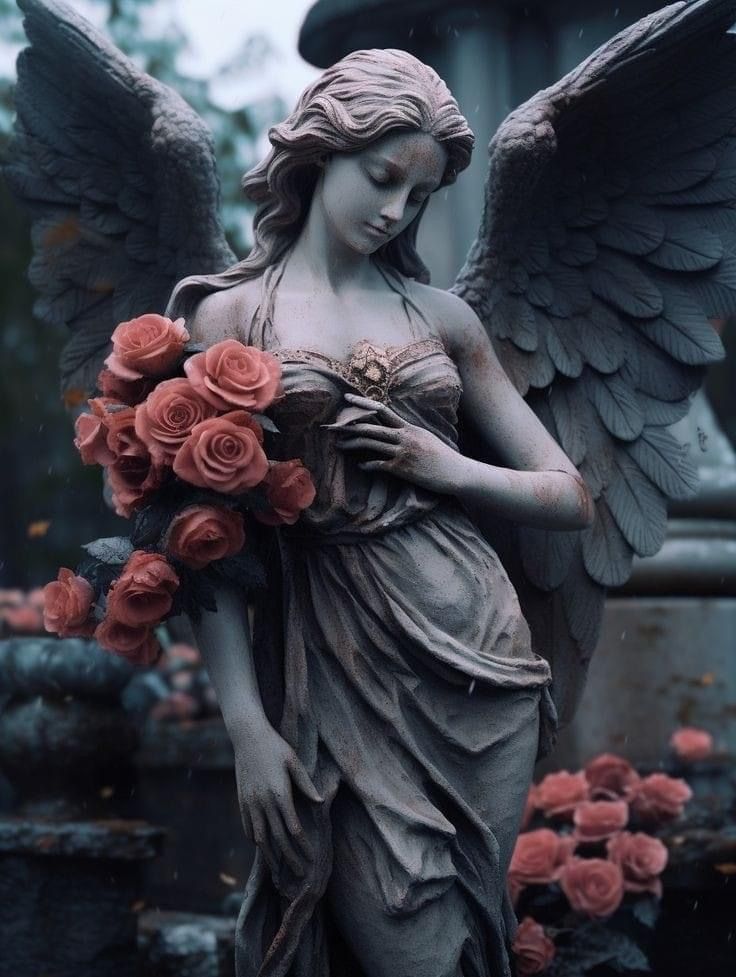 an angel statue with roses in her hands