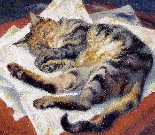 a painting of two cats sleeping on top of a blanket