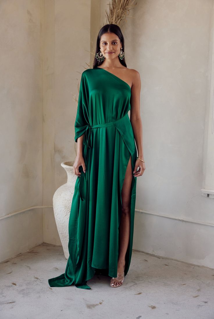 Sorrel One Shoulder Dress Green Evening Dress With Tie Waist, One Shoulder Green Dress With Side Slits, Green One-shoulder Dress With Side Slits, Green Maxi Dress With Tie Waist For Party, Flowy Tie Waist Party Dresses, Floor-length Party Dress With Tie Waist, Floor-length Tie Waist Dress For Party, One Shoulder Drape Dress, Skirt Set Outfit