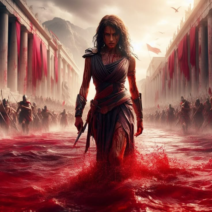 an image of a woman walking in the water with blood on her face and arms