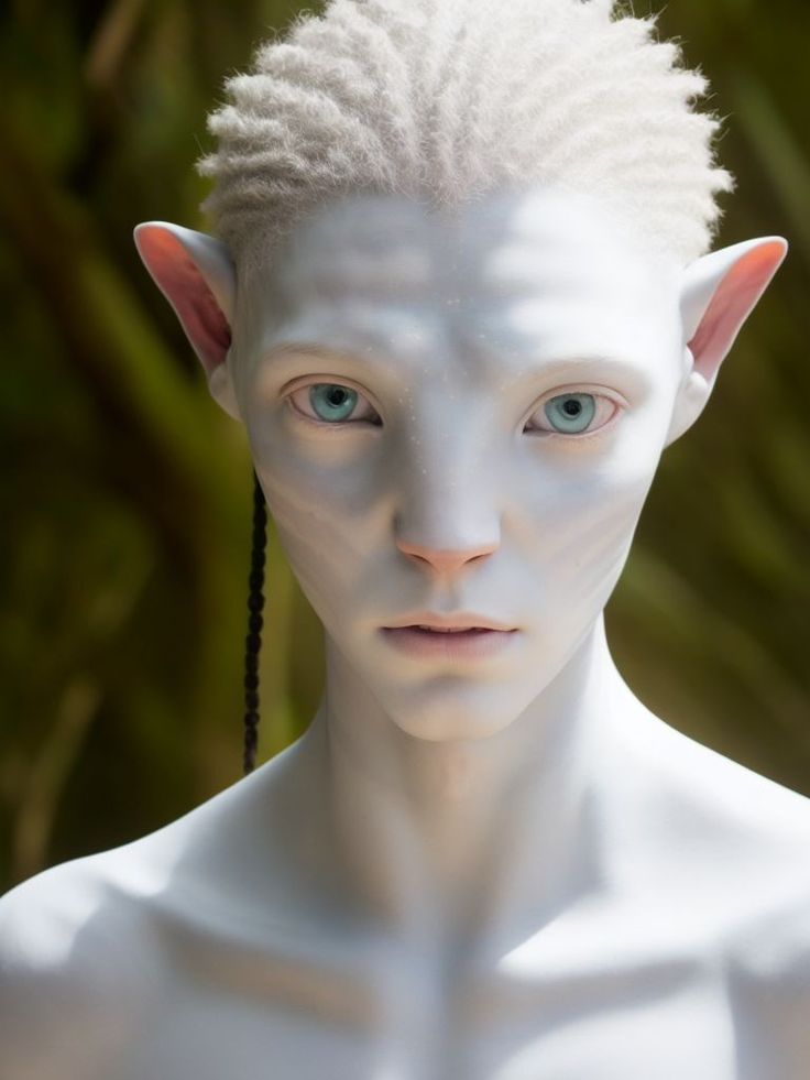 an elf with white hair and blue eyes looks at the camera while standing in front of trees