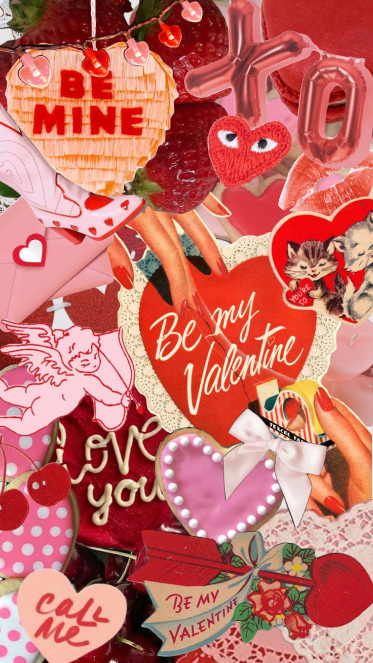 valentine's day collage with lots of heart shaped stickers on top of it