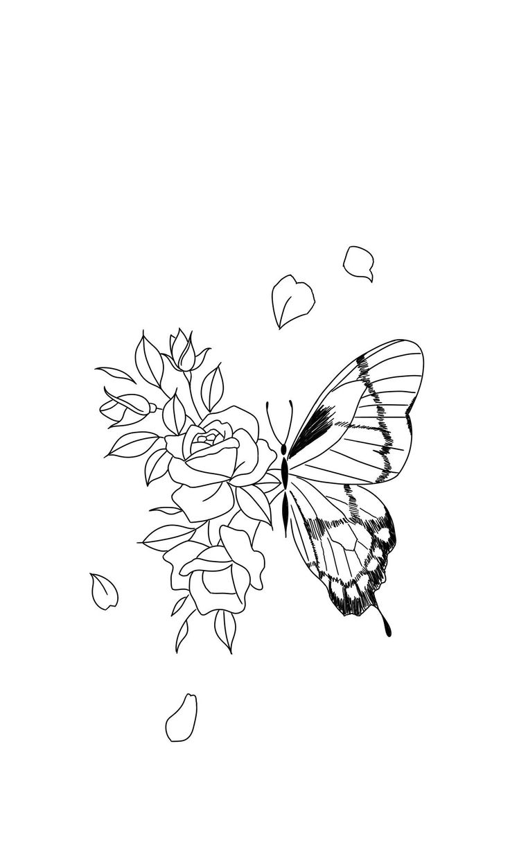 a black and white drawing of a butterfly with flowers in it's back ground