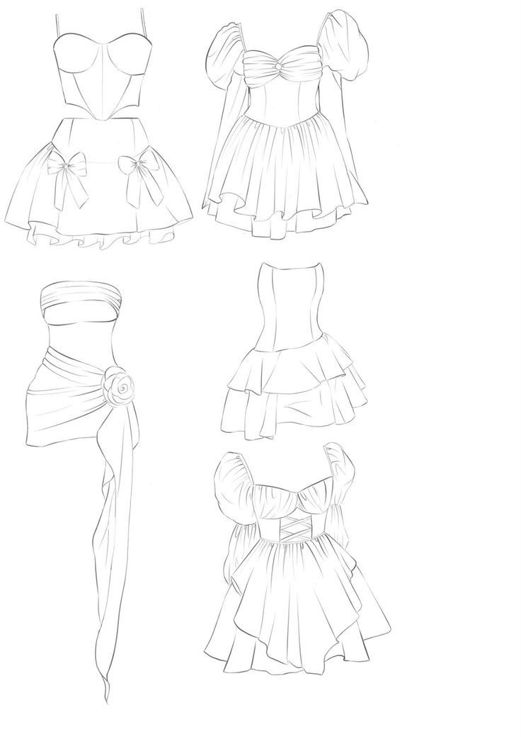 four different types of dresses with bows on the shoulders and bustles, all in various styles