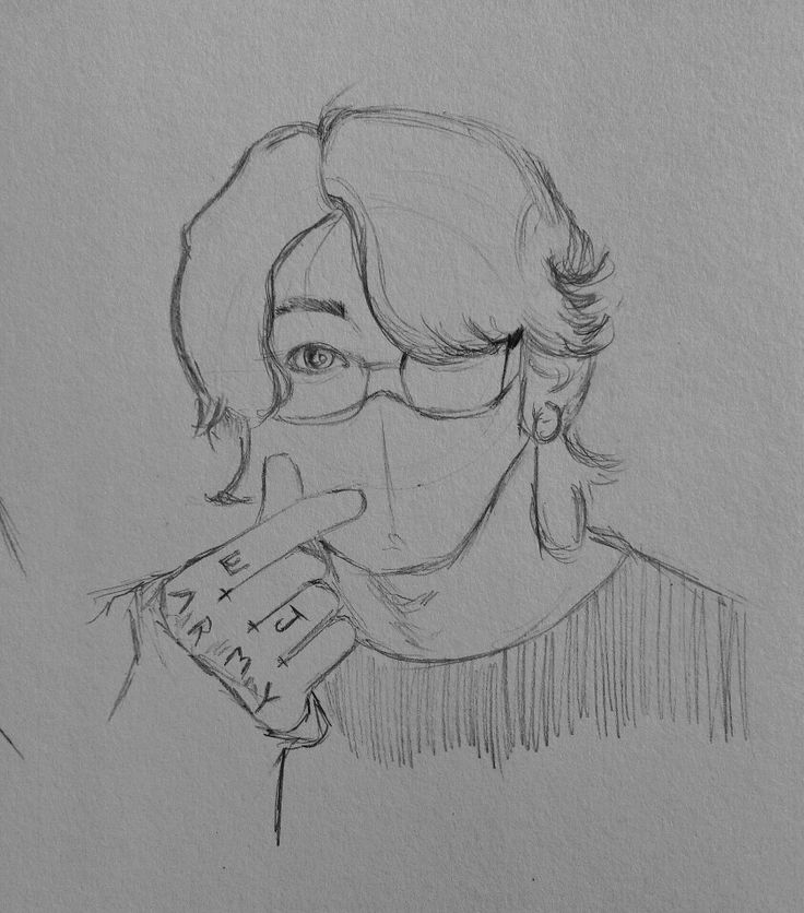 a pencil drawing of a person wearing a face mask and holding something in their mouth