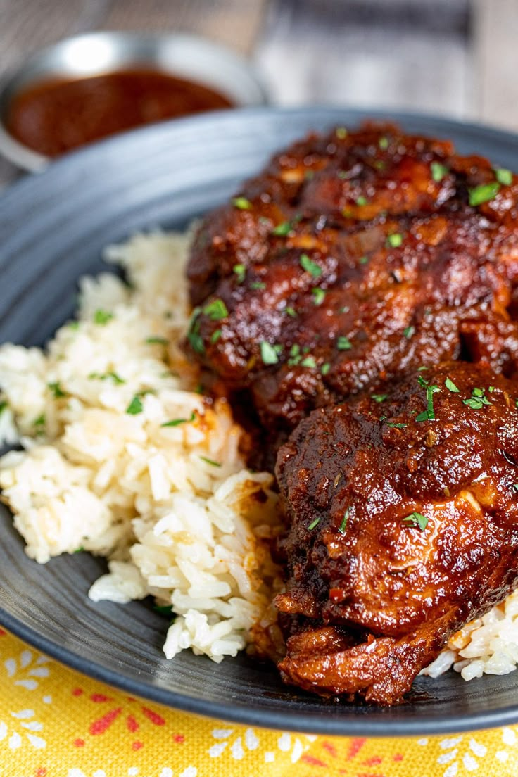 a plate with rice, meat and sauce on it