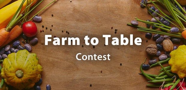 a table topped with lots of different types of fruits and vegetables next to the words farm to table contest