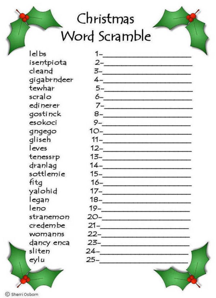 christmas word scramble with holly leaves