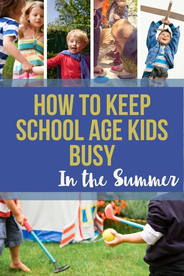 children playing in the grass with text overlay reading how to keep school age kids busy in the summer