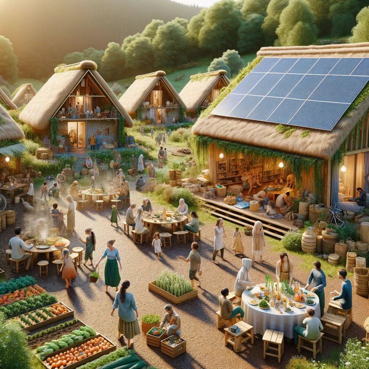 an artist's rendering of a farm scene with people eating and drinking in the sun