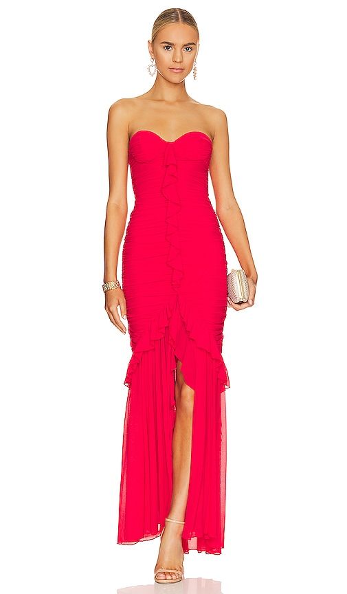 Red Pre-draped Maxi Dress For Evening, Red Cocktail Evening Dress With Ruched Bodice, Pre-draped Red Maxi Dress For Evening, Elegant Red Pre-draped Maxi Dress, Red Ruched Maxi Dress For Gala, Red Pre-draped Evening Dress For Party, Red Pre-draped Floor-length Gown, Red Pre-draped Maxi Dress For Party, Fitted Red Maxi Dress With Ruched Bodice