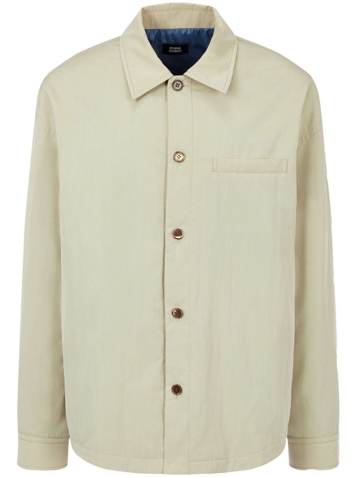 light beige front button fastening spread collar chest welt pocket long sleeves buttoned-cuff sleeves straight hem Beige Long Sleeve Shacket With Buttoned Pockets, Beige Shirt With Buttoned Pockets, Beige Collared Shirt With Buttoned Pockets, Beige Outerwear With Buttoned Pockets And Spread Collar, Cream Long Sleeve Shacket With Button Closure, Beige Long Sleeve Shacket With Buttons, Beige Unstructured Long Sleeve Outerwear, Beige Relaxed Fit Button-up Outerwear, Classic Khaki Shacket With Button Closure