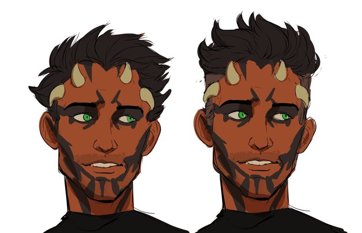 two different angles of a man's face with green eyes and horns on his head