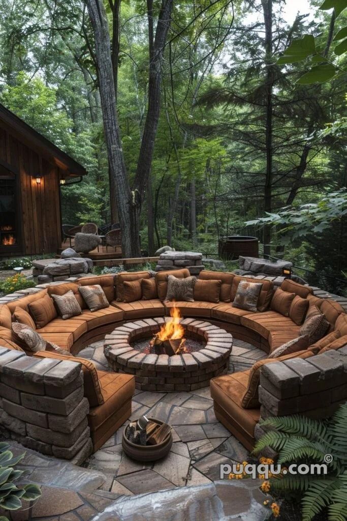 an outdoor fire pit with seating around it