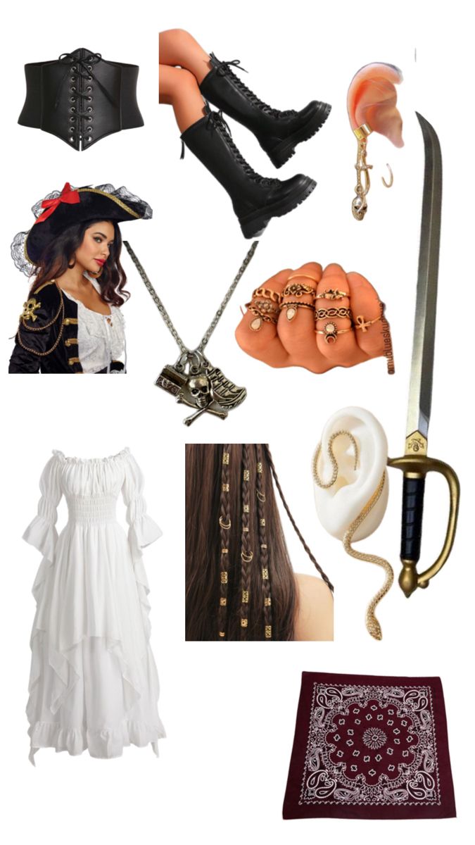 a collage of costume and accessories including boots, necklaces, ring, hat, bracelet