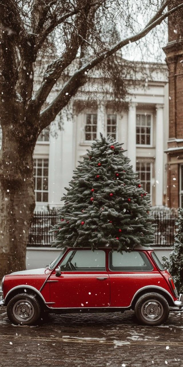 a small red car parked in front of a christmas tree