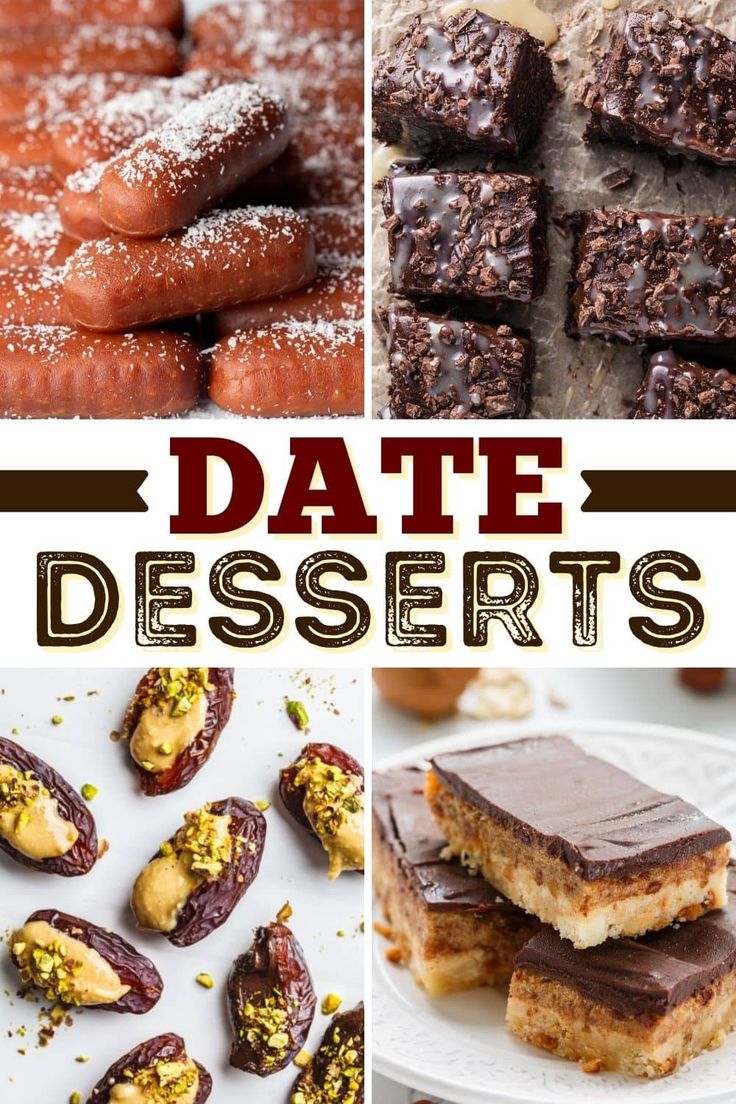 different desserts are shown with the words date desserts on top and below them