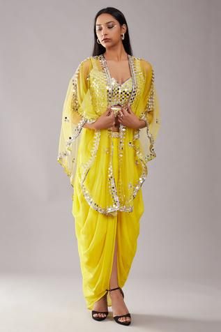 Shop for Preeti S Kapoor Yellow Dupion Mirror Work Cape And Skirt Set for Women Online at Aza Fashions Navratri Embellished Draped Sets, Navratri Draped Choli With Mirror Work, Draped Lehenga With Mirror Work For Festivals, Embellished Draped Sets For Navratri, Festival Draped Choli With Mirror Work, Designer Draped Sets With Mirror Work, Designer Wear Draped Sets With Mirror Work, Navratri Draped Sets With Mirror Work, Bollywood Draped Sequin Sets