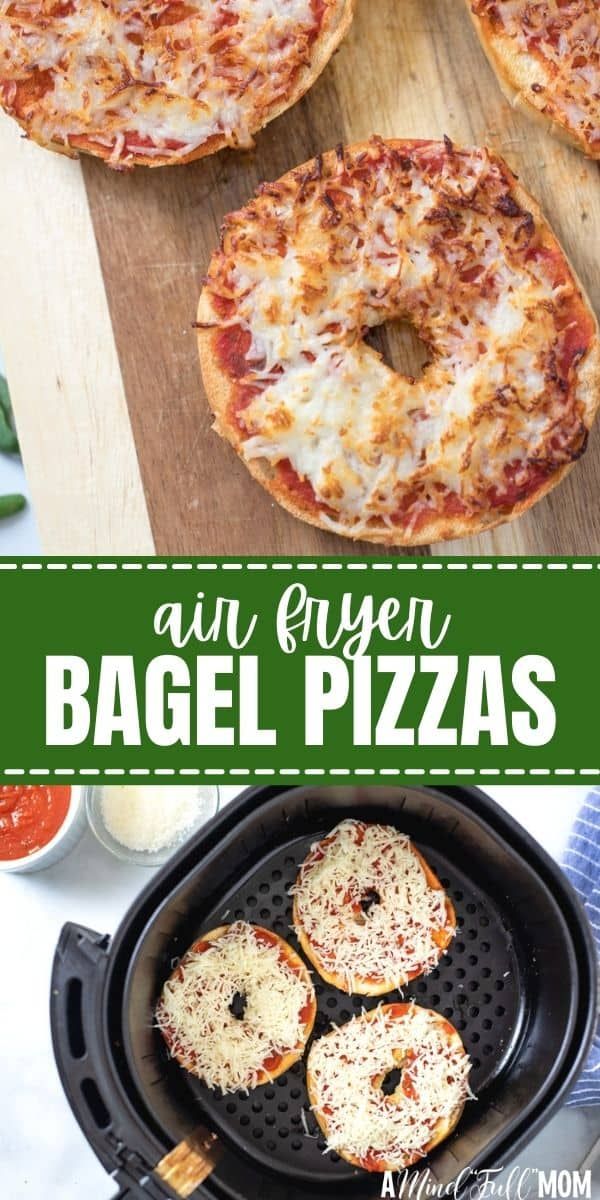 pizzas are being cooked in an air fryer with the words, un envenn bagel pizzas